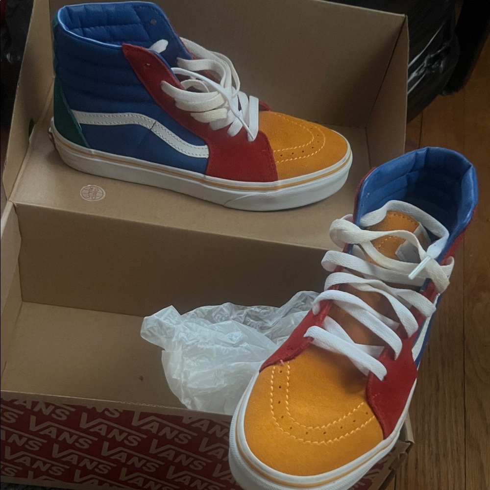 Vans Kids Orange, Red, and Blue High-Top Sneakers